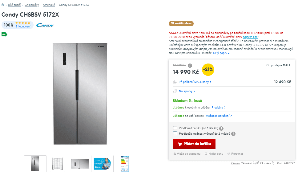 Americká lednice Candy, A+, 436 l