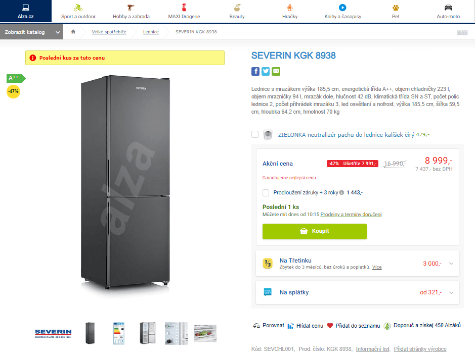 Komb. lednice Severin, A++, 341l
