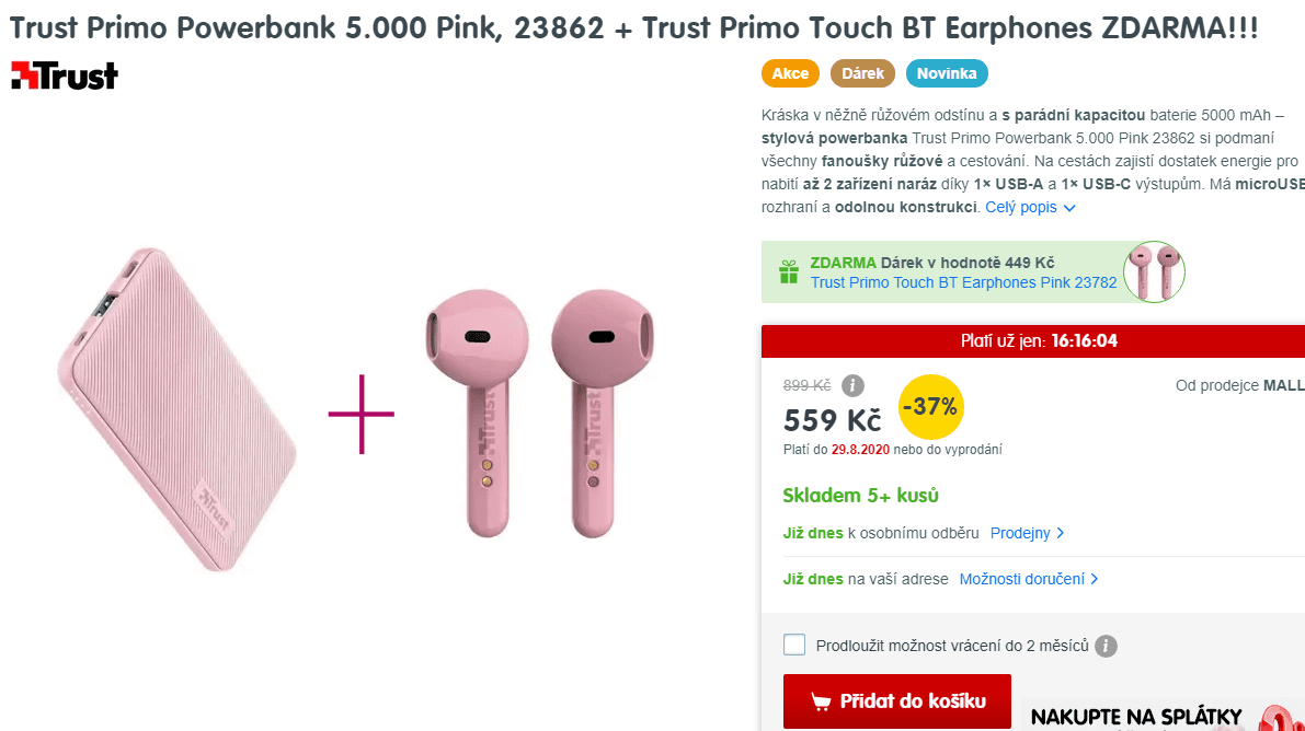 BT sluchátka + powerbanka 5000mAh Trust