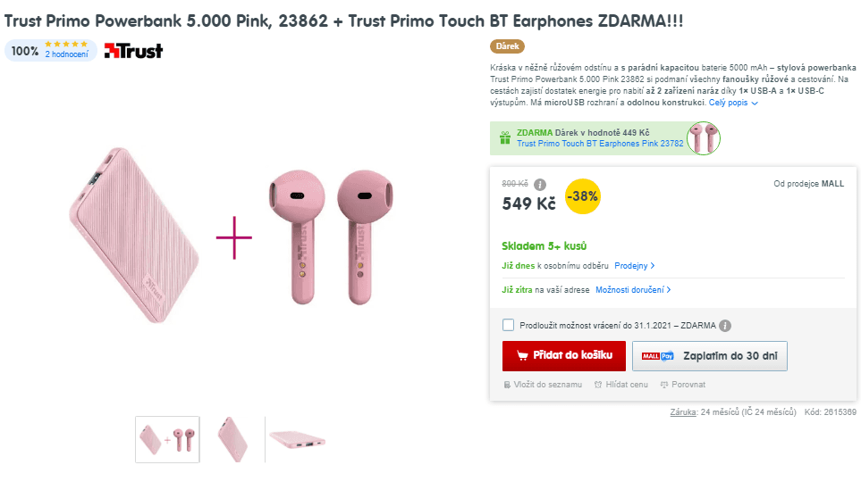 BT sluchátka + powerbanka 5000mAh Trust