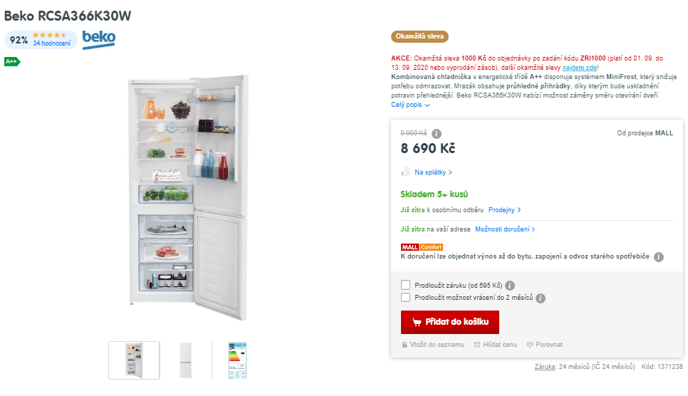 Komb. lednice Beko, A++, 324 l, 186 cm