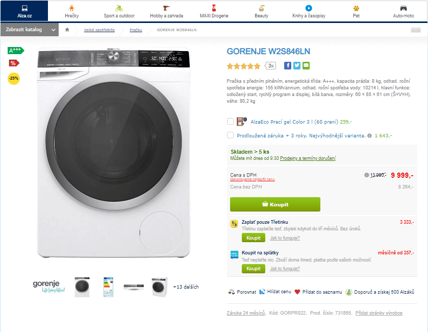 Pračka Gorenje, 8kg, 1400 ot., ionizace, A+++