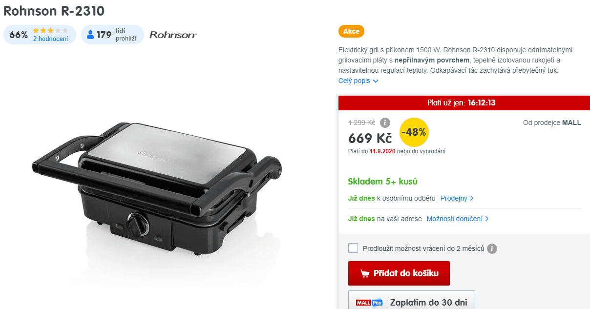 El. kontaktní gril Rohnson, 24,5x17cm