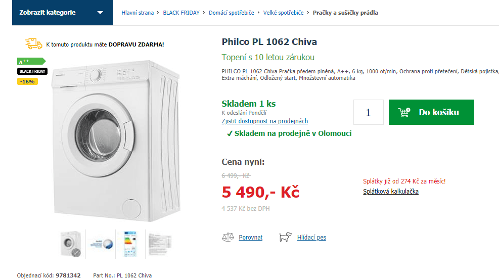 Pračka Philco, 6kg, 1000 ot., A++