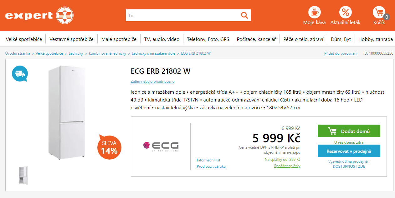 Komb. lednice ECG, A++, 254 litrů