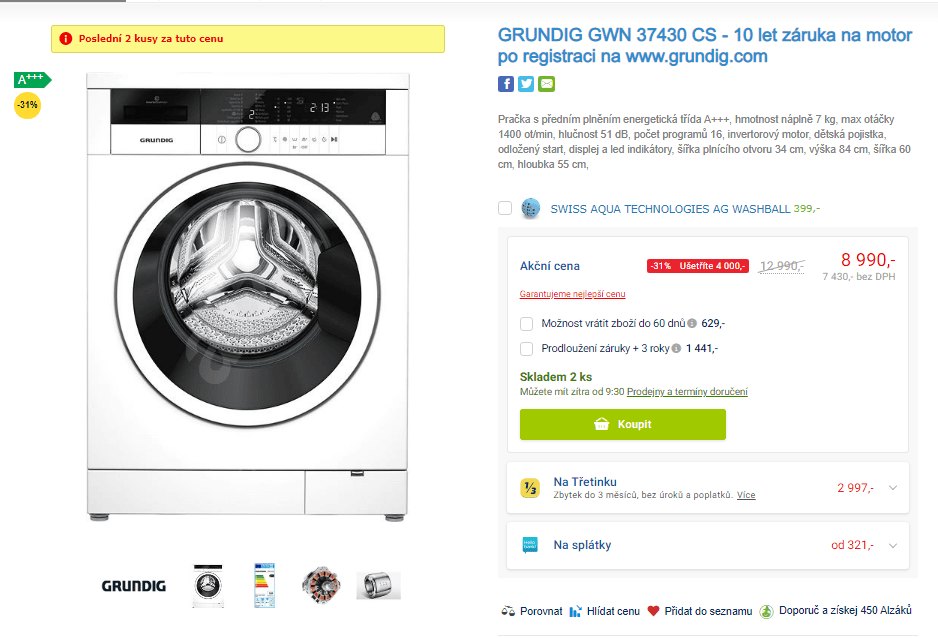 Pračka Grundig, A+++, 7 kg, 1400 ot/min