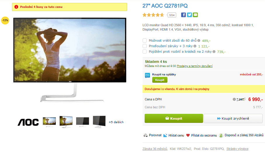 QHD LED PC monitor AOC, 27"