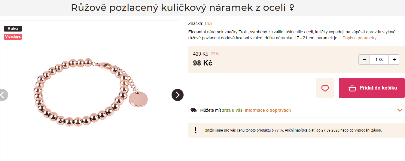 Růžově pozlacený náramek z oceli Troli