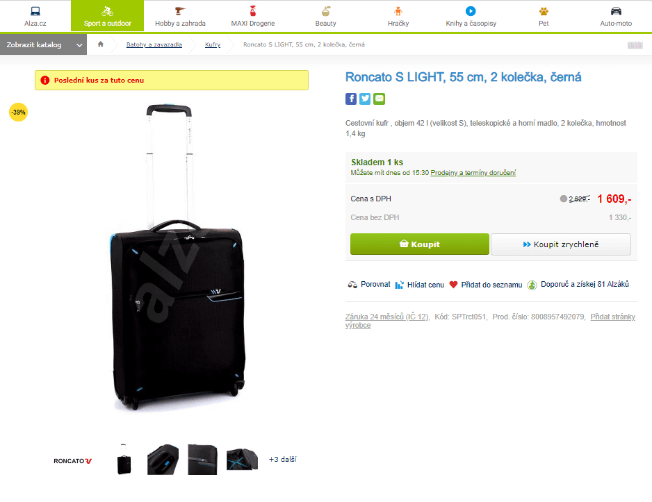 Cestovní kufr Roncato Light 42 l černý