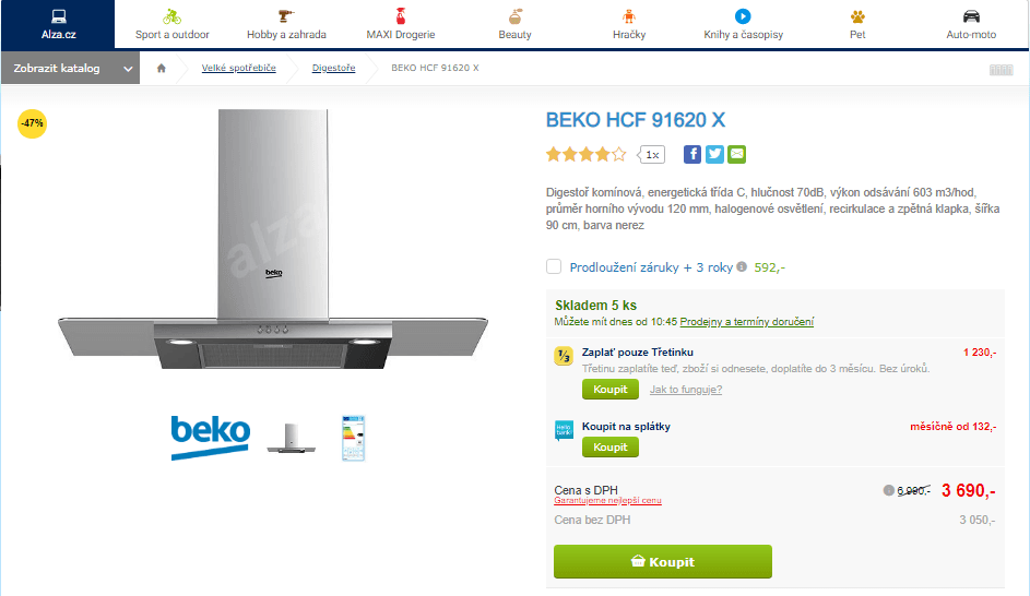 Komínová digestoř Beko, nerez, 90 cm