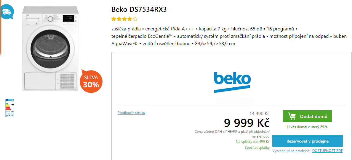 Sušička prádla Beko, 7kg, A+++