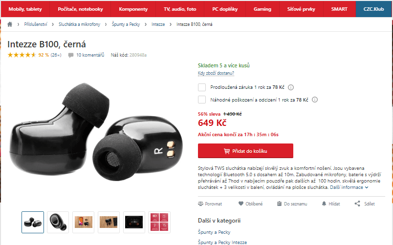 BT sluchátka Intezze B100