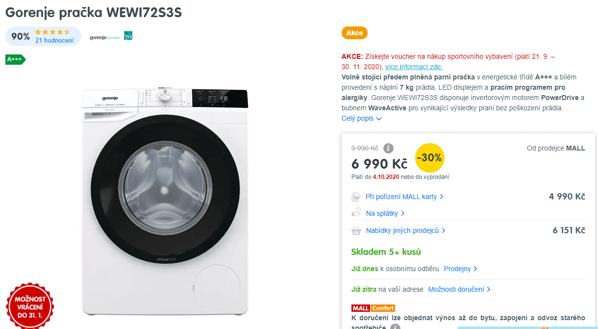Parní pračka Gorenje, 7kg, 1200 ot., A+++