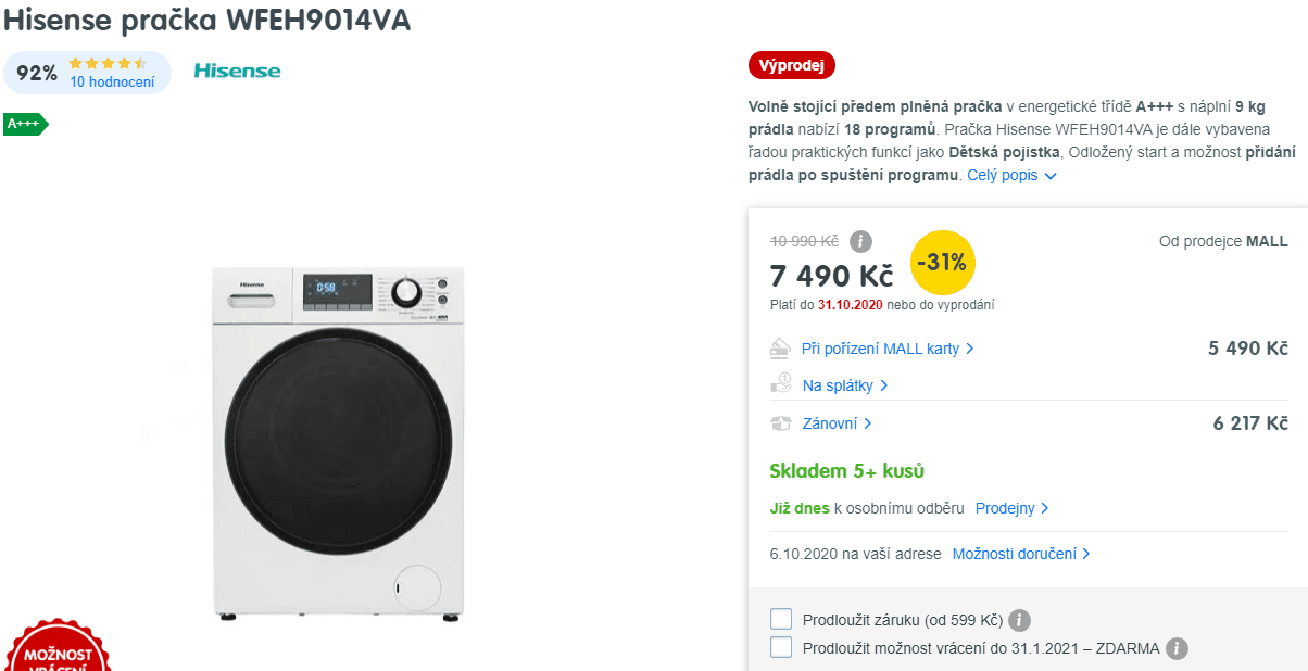 Pračka Hisense, 9kg, 1400 ot., A+++