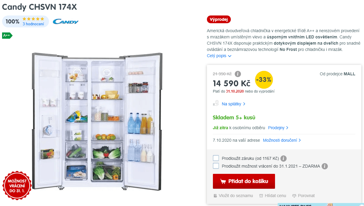 Americká lednice Candy, A++, 521 l