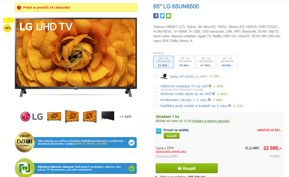4K Smart TV, HDR, 164cm, LG