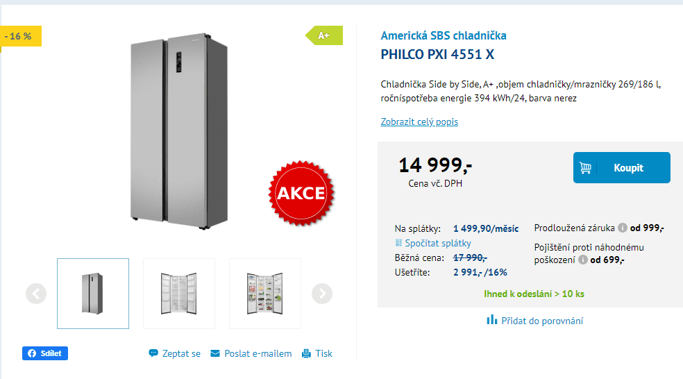 Americká lednice Philco, A+, 455 l