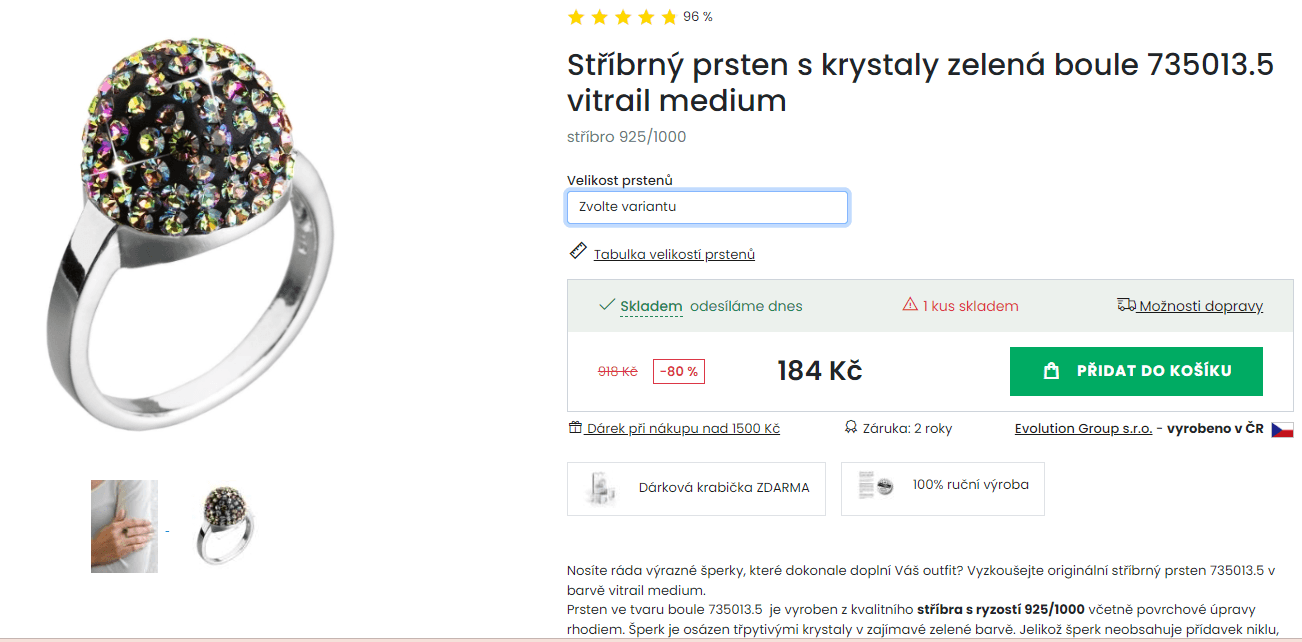 Stříbrný prsten s krystaly zelená boule