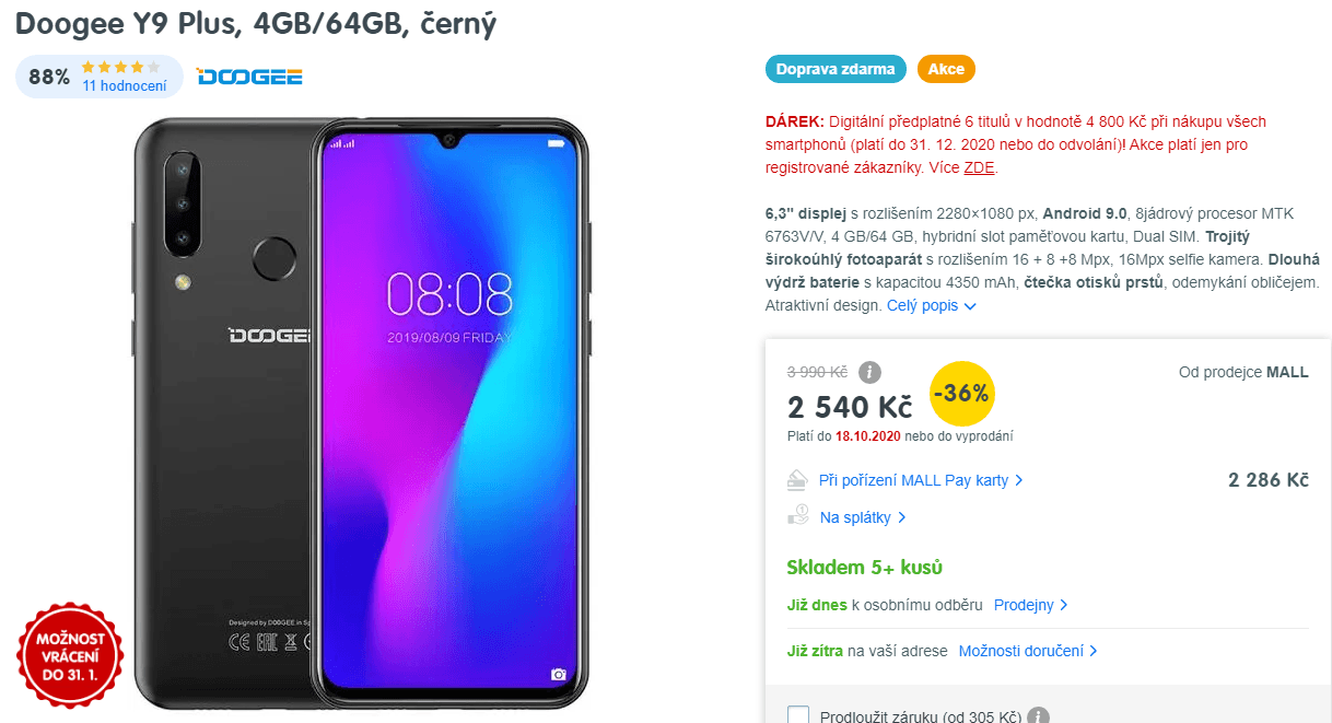 Doogee Y9, 8x 2GHz, 4GB RAM, 6,3"