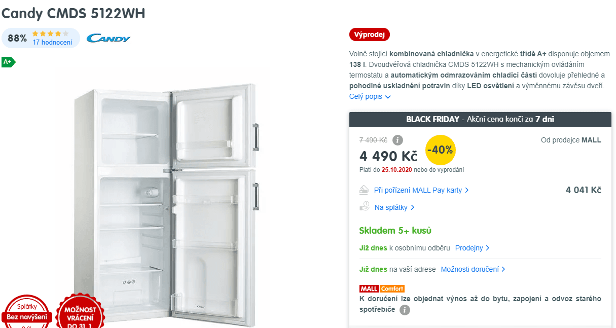 Lednice s mrazákem Candy, A+, 130cm