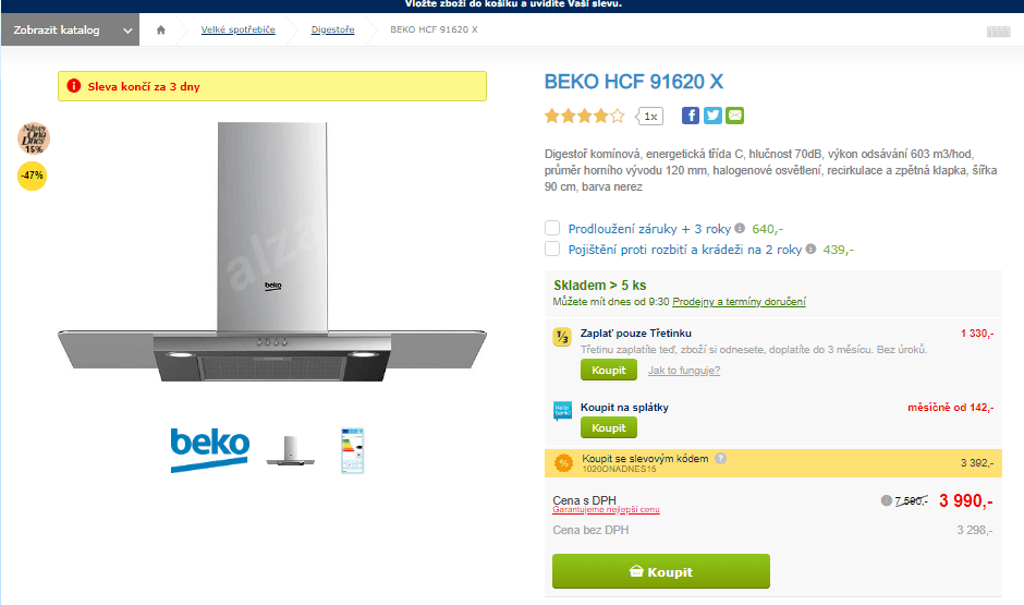 Komínová digestoř Beko, nerez, 90 cm