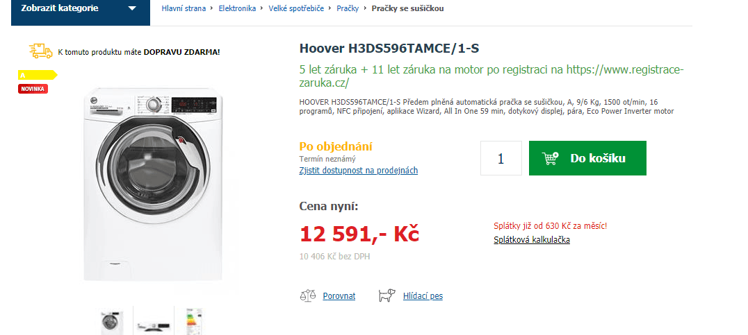 Pračka se sušičkou Hoover, 9/6 kg, 1500 ot.