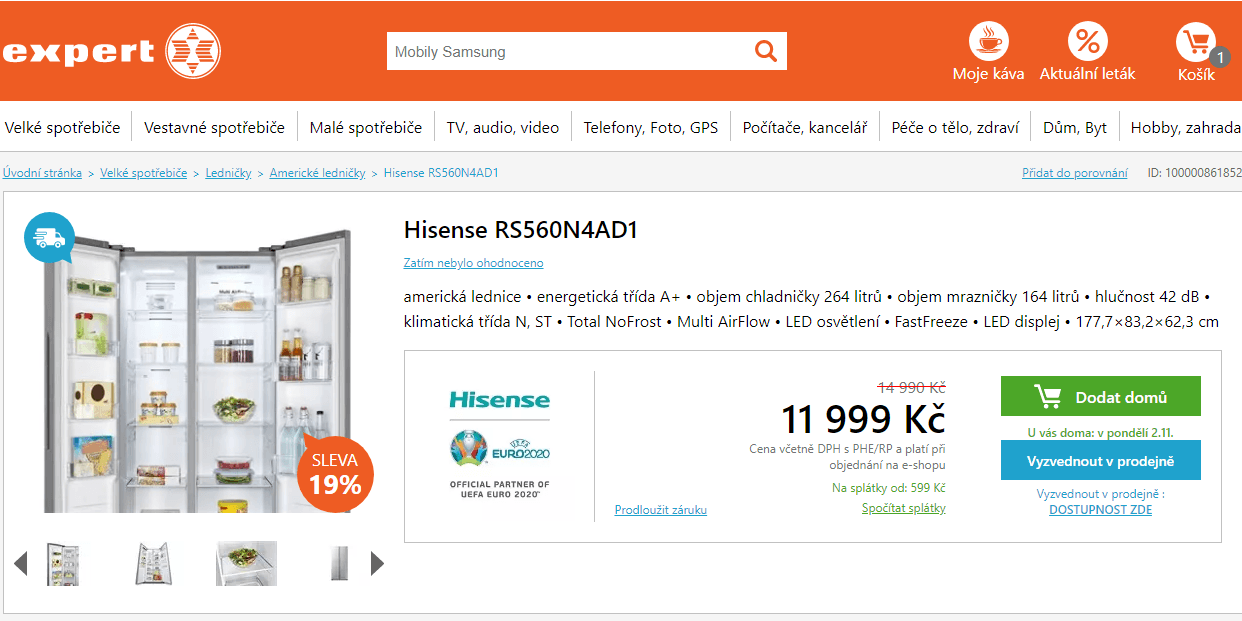 Americká lednice Hisense, A+, 428 l