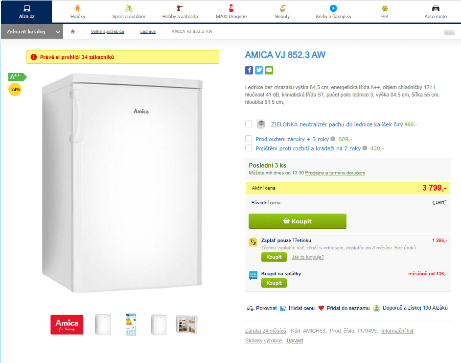 Lednice bez mrazáku Amica, 84,5 cm, 121 l