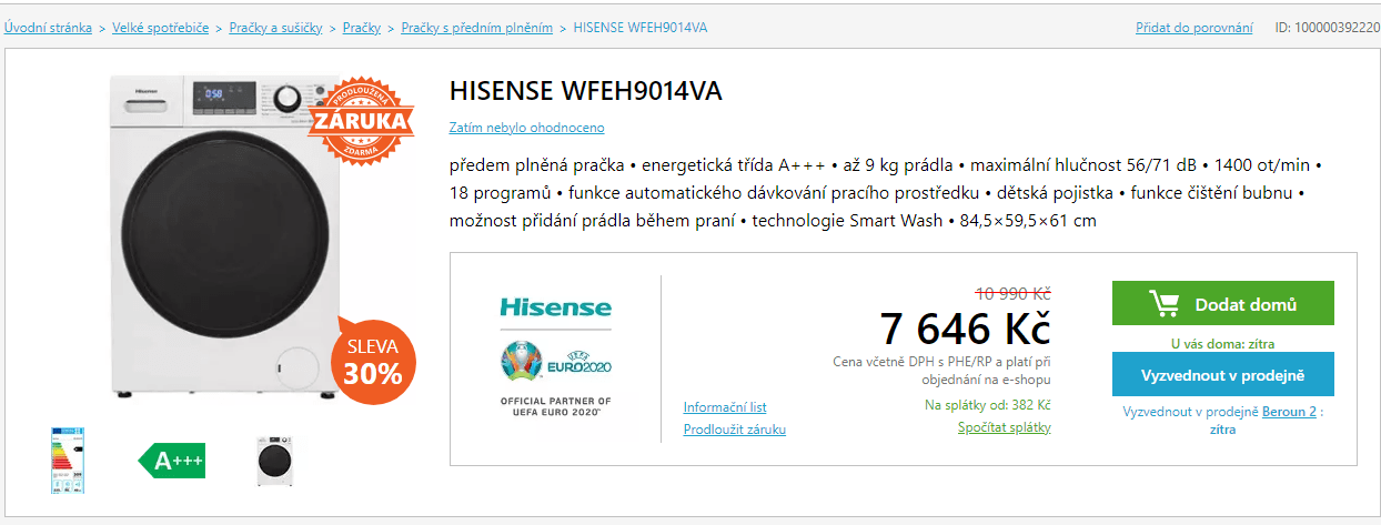 Pračka Hisense, 9kg, 1400 ot., A+++