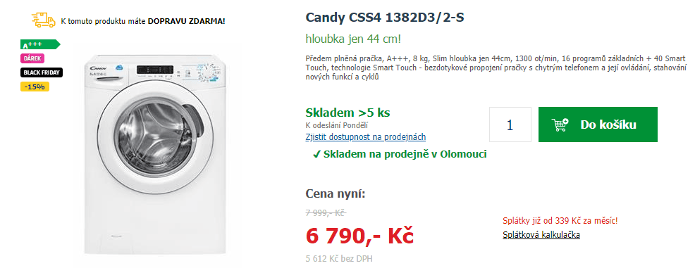 Pračka Candy, 8 kg, A+++, 1300 ot.