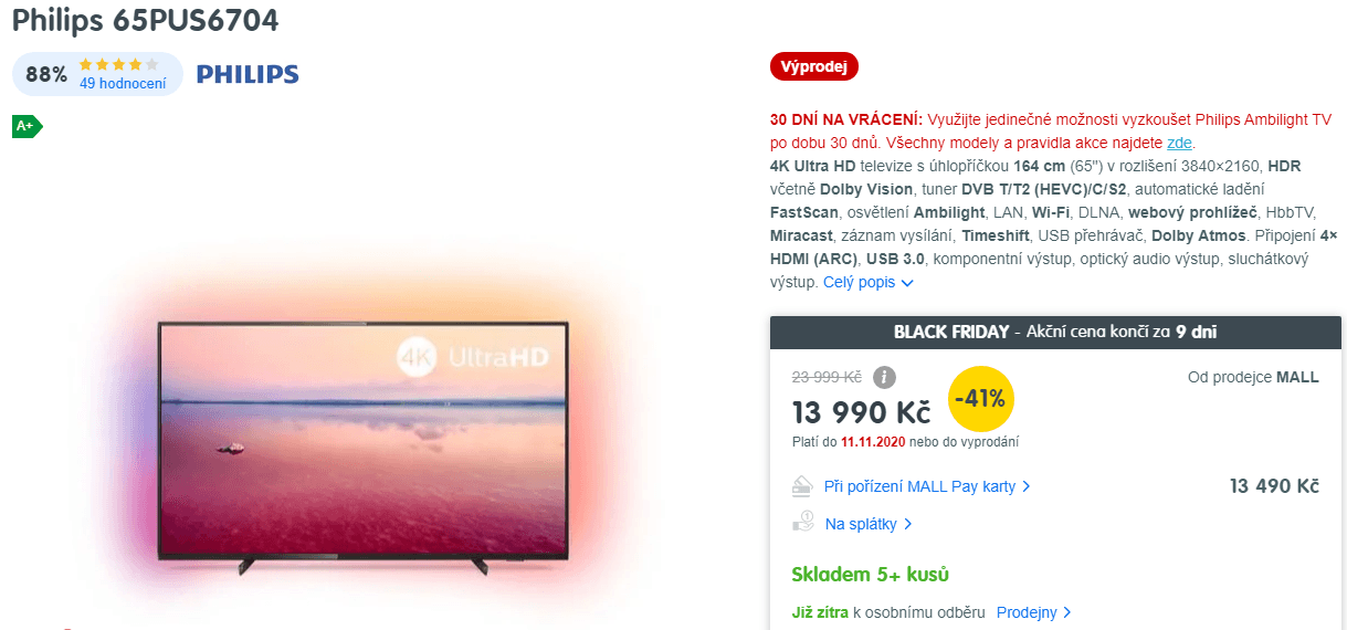 4K Smart TV, Ambilight, 164cm, HDR, Philips