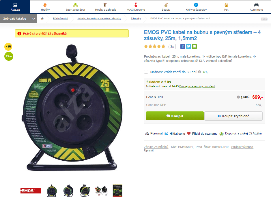 Kabel na bubnu Emos, 25 m, 4 zásuvky