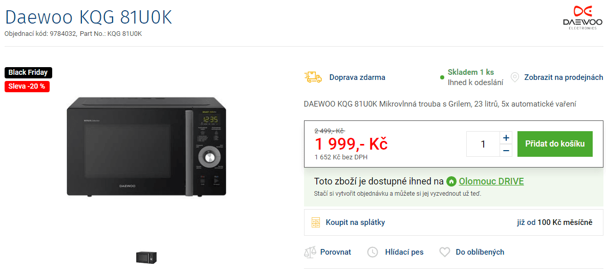Mikrovlnka Daewoo, gril, 23 litrů