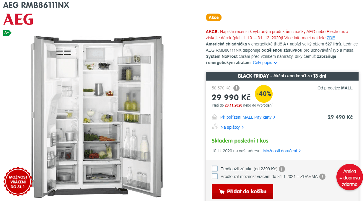 Americká lednice AEG, bar, voda, dotyk