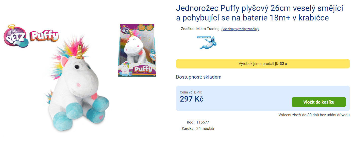 Jednorožec Puffy plyšový 26cm, baterie