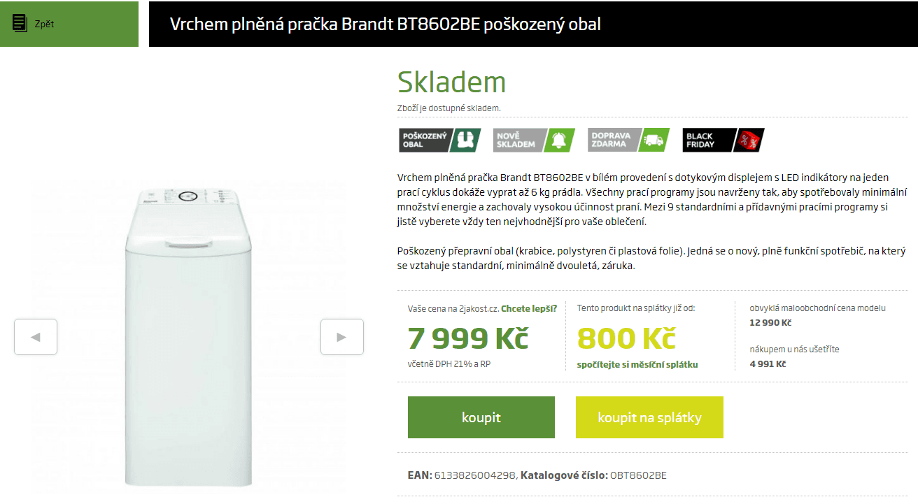 Pračka Brandt, A+++, 1200 ot., 6 kg