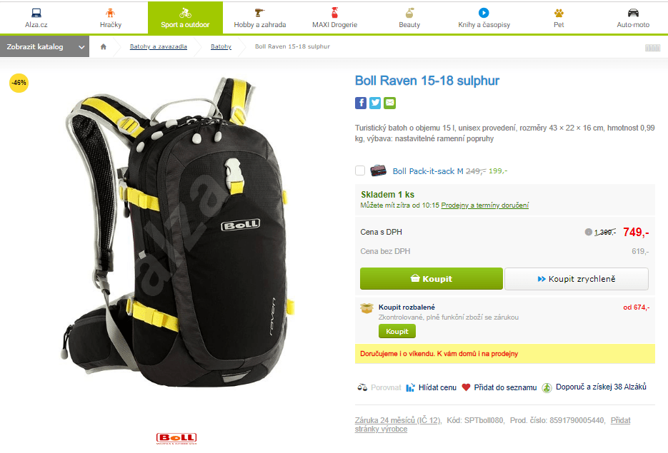 Turistický batoh Boll Raven 15-18 litrů