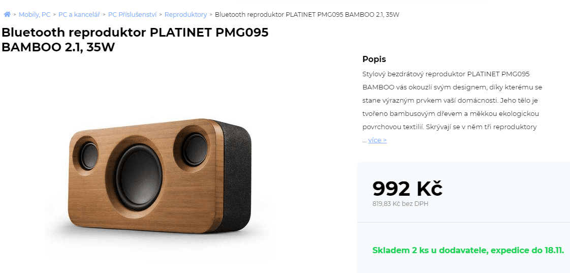 BT reproduktor Platinet Bamboo, 35W