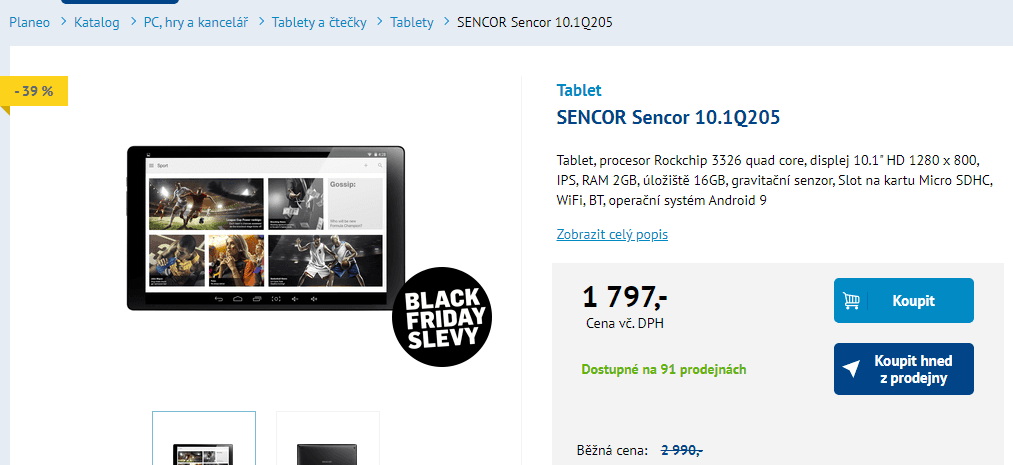 Tablet Sencor, 4x 1,3GHz, 2GB RAM, 10,1"