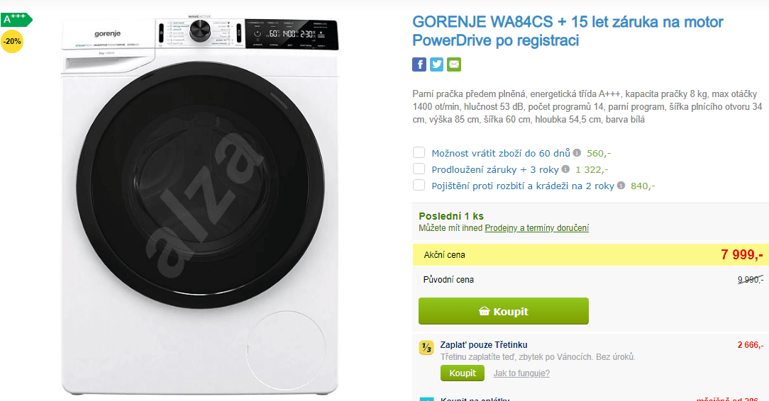Parní pračka Gorenje, 8kg, 1400 ot., A+++