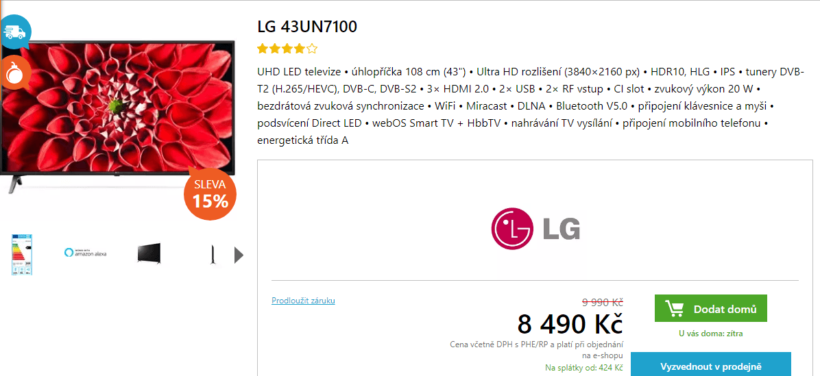 4K Smart TV, HDR, 108cm, HDR, LG