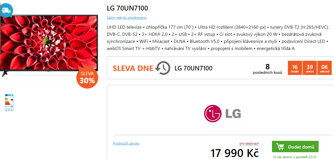 4K Smart TV, 177cm, HDR, LG