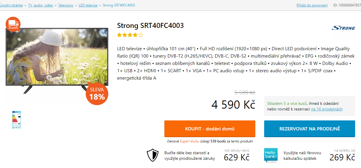 Full HD LED TV, T2, 101 cm, Strong