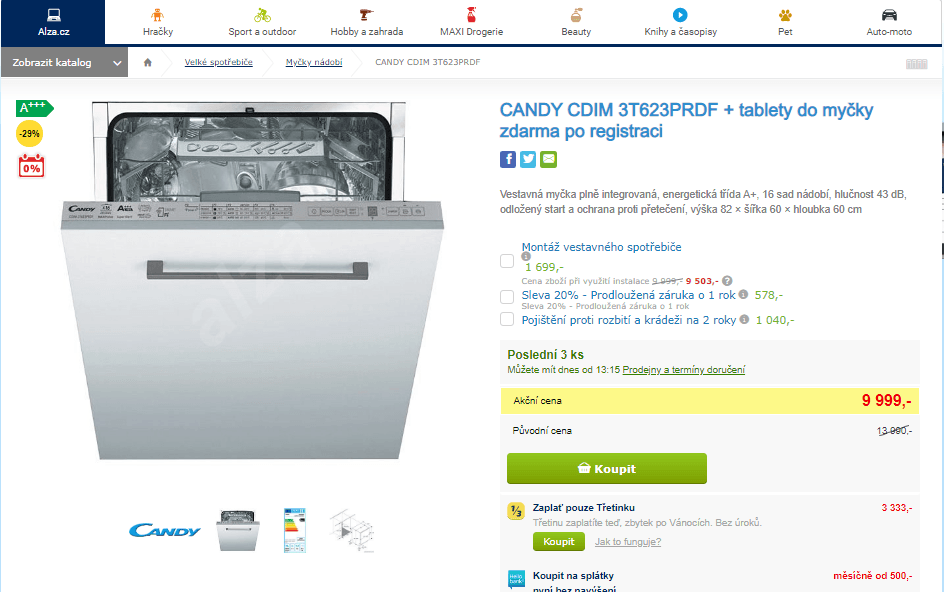 Vestavná myčka Candy, A+, 16 sad