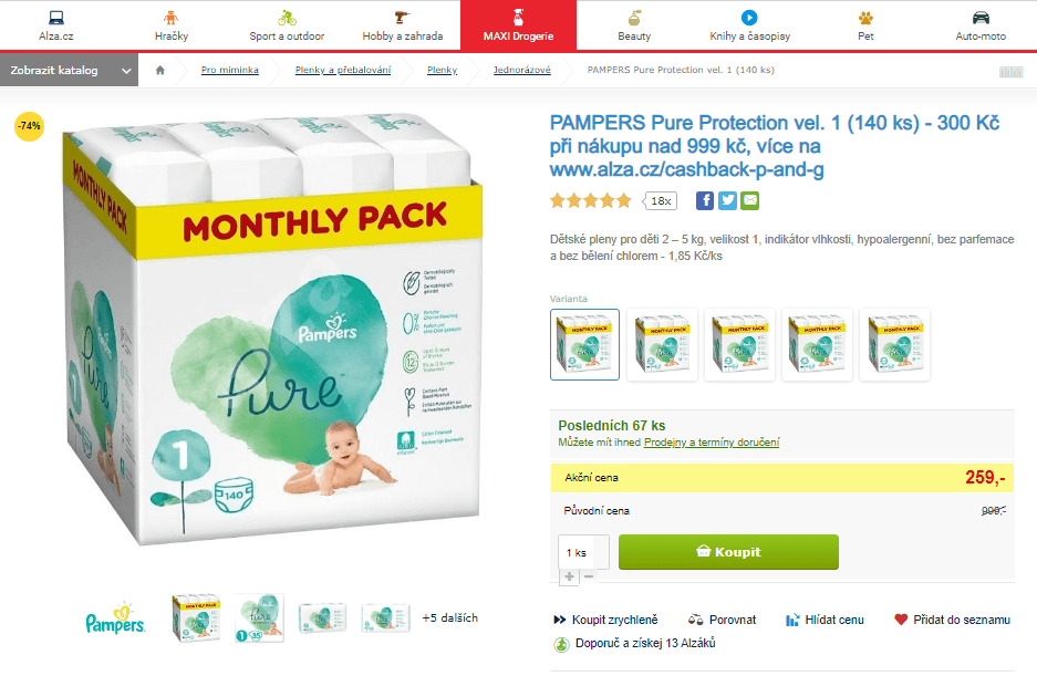 PAMPERS Pure Protection vel. 1 (140 ks)