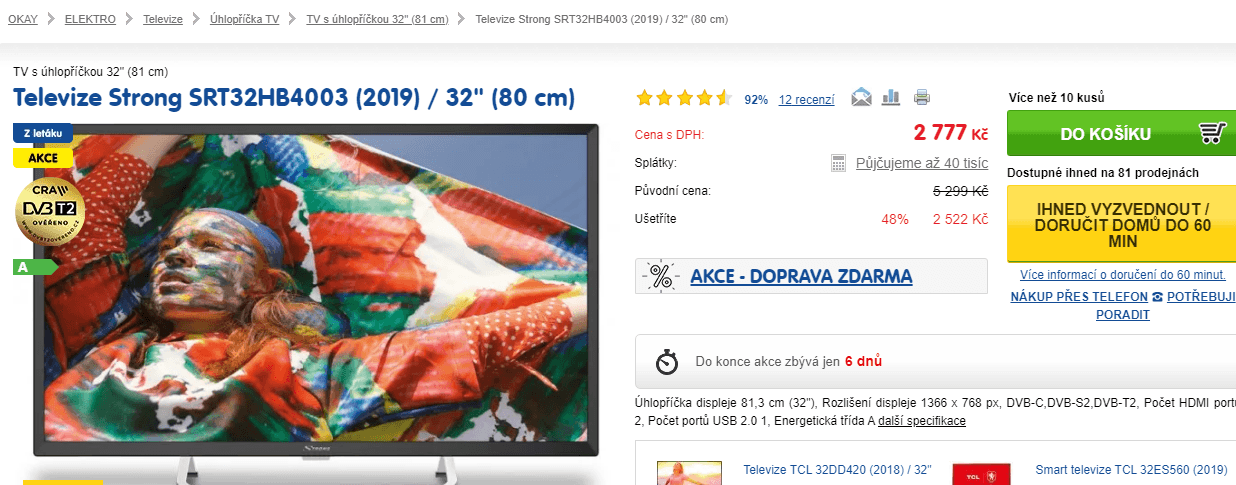 HD televize Strong, 81 cm, T2