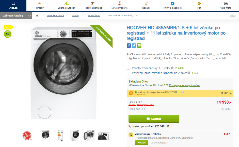 Pračka se sušičkou Hoover, 8/5 kg, 1400 ot.