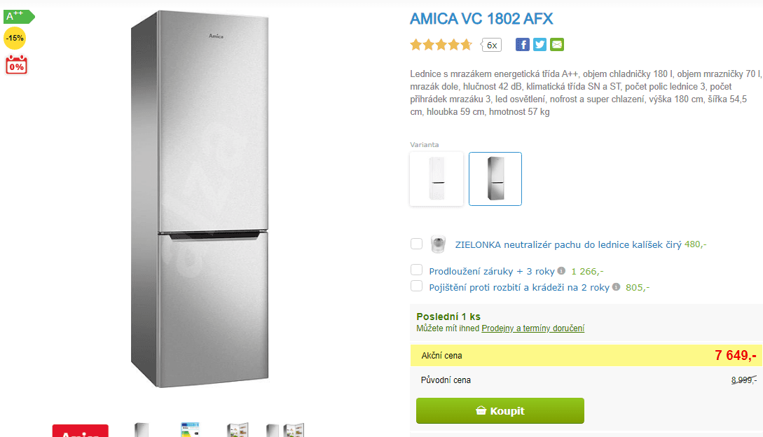 Lednice Amica, no frost, A++, 180 cm