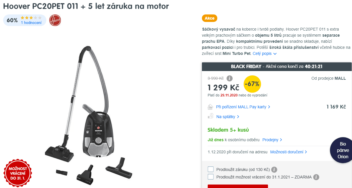 Sáčkový vysavač Hoover, 5 litrů