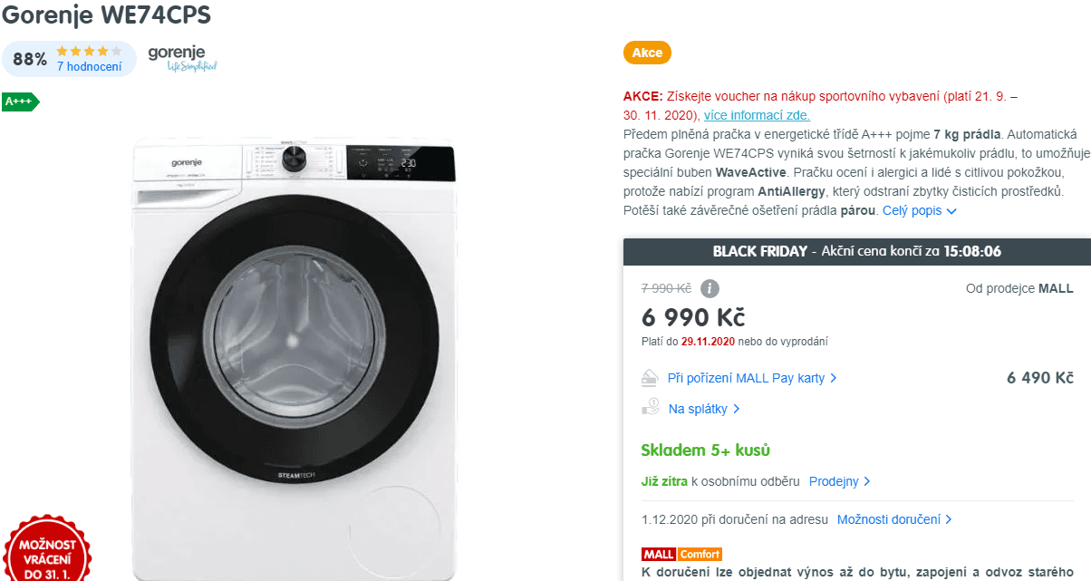 Pračka Gorenje, 7kg, 1400 ot., pára, A+++
